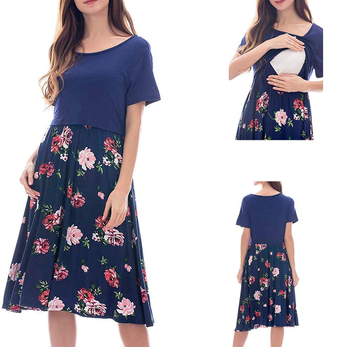 Breastfeeding Maternity Dress Solid Color And Floral Print Summer Short Sleeve Nursing Pregnancy Dress
